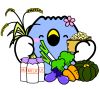 特産品を持って喜んでいる「ごずっちょ」のイラスト
