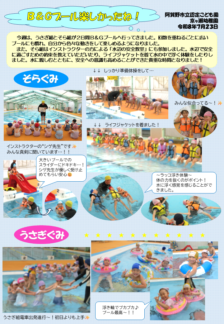 子どもたちがプールで水遊びを楽しんでいる様子