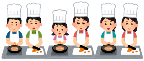 料理教室で野菜を切っている人、フライパンで調理をしている人たちのイラスト