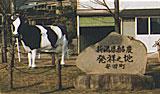 乳牛と「新潟県酪農発祥の地安田町」と書かれた石碑の写真
