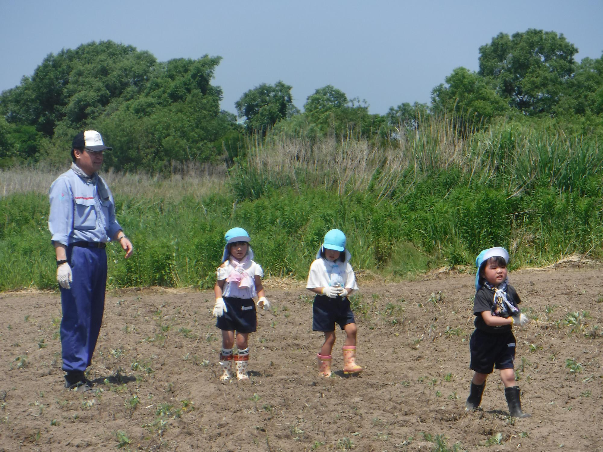 阿賀野川河川事務所の職員が暖かく子ども達の種まきを見守っている様子
