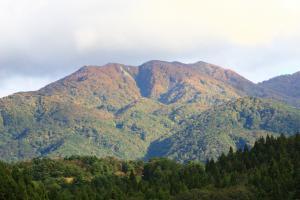 山頂付近が茶色の五頭山全景の写真
