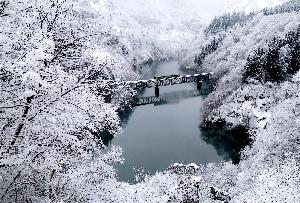 雪景色の中、電車が鉄橋を渡る写真