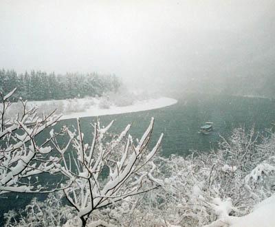 川の中を進む雪見船と川岸に生えている木の枝に雪が積もっている写真