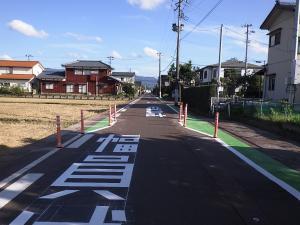 歩行者通行帯カラー舗装と狭窄設置された道路の写真