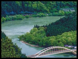 緑や黄緑の葉をつけた木々が生えた山の間を流れる阿賀野川と白い鉄橋の写真