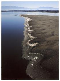 波を打ったような形状の地形が特徴的な阿賀野川の川岸を写した写真