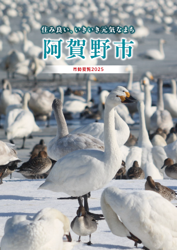 住み良い、いきいき元気なまち阿賀野市市勢要覧2025の表紙（冬の瓢湖で凍った湖面を歩くたくさんの白鳥やカモの写真）