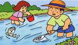 男の子と女の子が川だ魚取りをしているイラスト