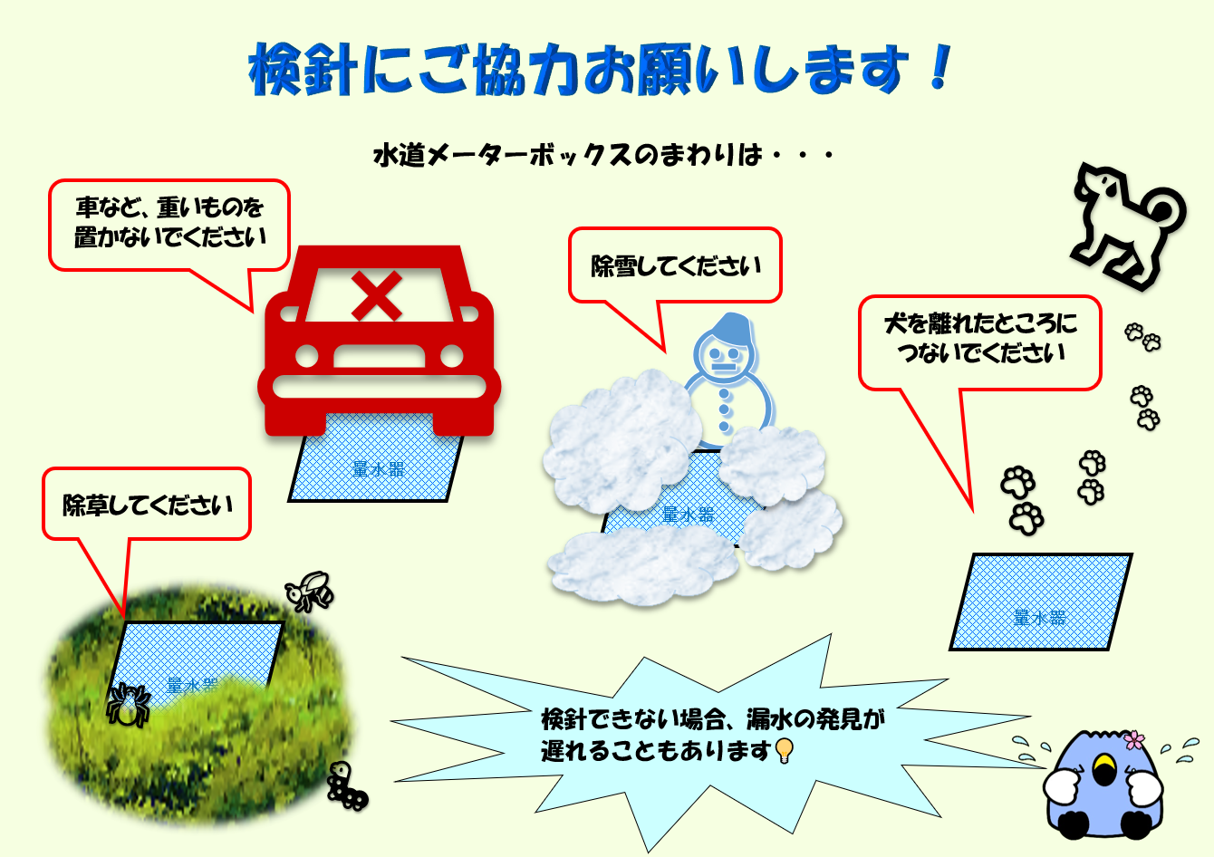 メーターボックスのまわりは除草・除雪・重いものを置かず、犬は離してください。