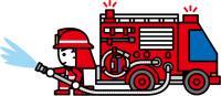 ポンプ車と放水している消防隊のイラスト