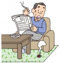 ソファに座って煙草を吸う男性が煙がたっている絨毯を見ているイラスト