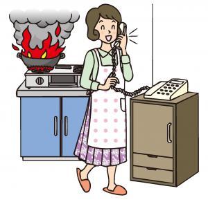 電話をしている女性の後ろでコンロに置いてある鍋が燃えているイラスト