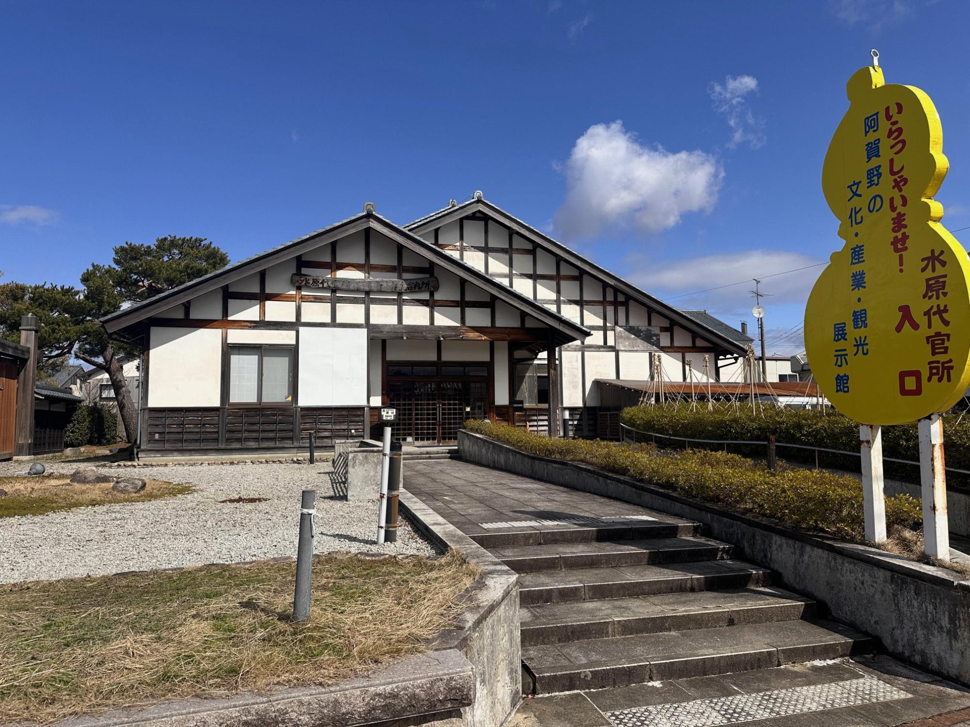 入り口にある、黄色いひょうたんの形をした看板と古い日本家屋のような作りのふるさと農業歴史資料館の建物の外観写真