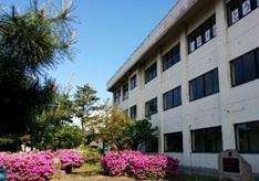 3階建ての校舎の前にピンクの花が咲いている旧新潟県阿賀野市前山小学校の写真